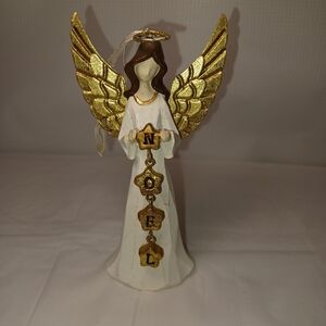 St. Nickolas Square Noel Christmas Angel Ornament Gold and White Angel Figurine